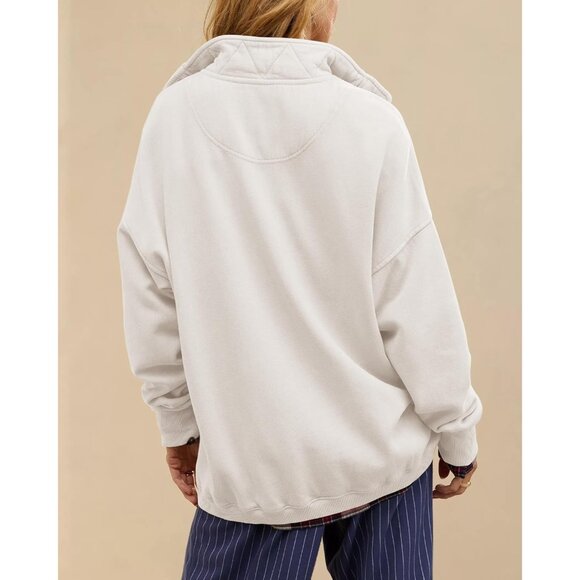 Women's White Oversized Casual Long Sleeve Button Henley Neck Pullover Sweatshir - Picture 4 of 6